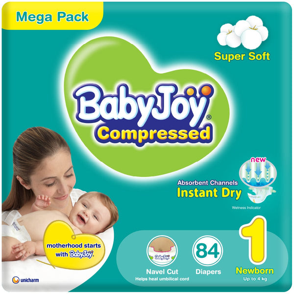 BabyJoy Compressed Size 1 Regular Diapers, Soft Cotton Touch, 84-Count Mega Pack