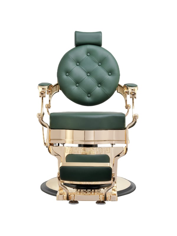 Salon System Elegant Premium Men's Salon Chair Reclining Hydraulic Dark Green Gold Metal