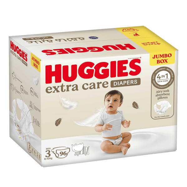 Huggies Extra Care Disposable Diapers Size 3 Jumbo Box, 96 Pieces, Fragrance-Free