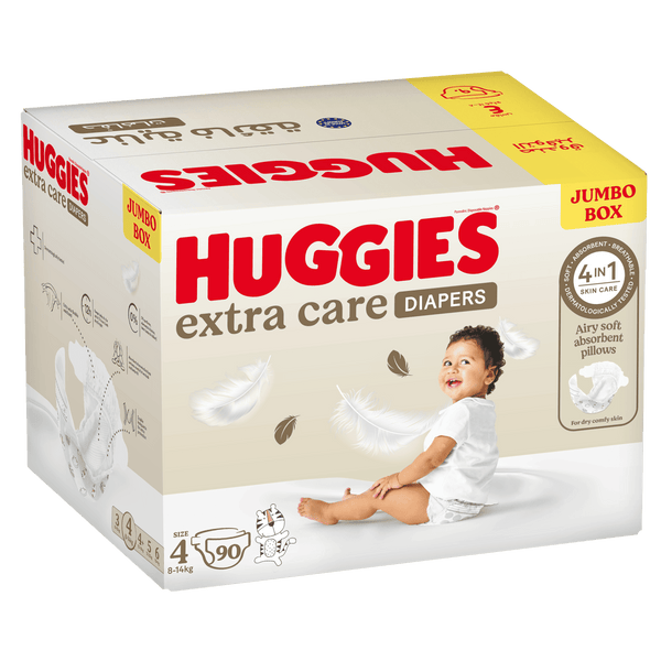 Huggies Extra Care Disposable Diapers Size 4 Jumbo Box, 90 Pieces, Fragrance-Free
