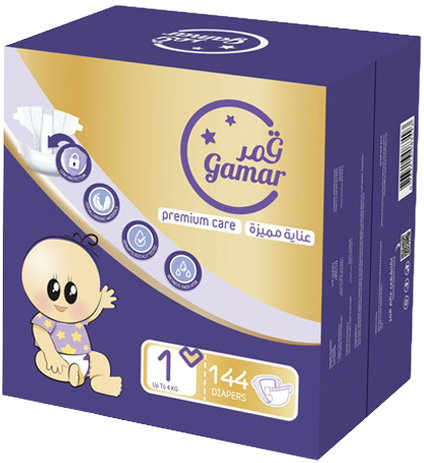 Gamar Premium Care Baby Diapers Size 1 Mega Box, Soft Cotton-Touch, 144 Pieces