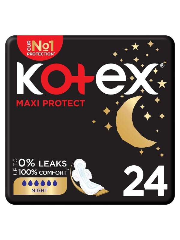 Kotex Maxi Protect Night Pads with Wings, Thick Absorbent Core, 24 Pads