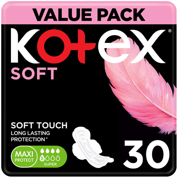 Kotex Maxi Soft Touch Super Sanitary Pads, Medium to Heavy Flow, 30 Pieces