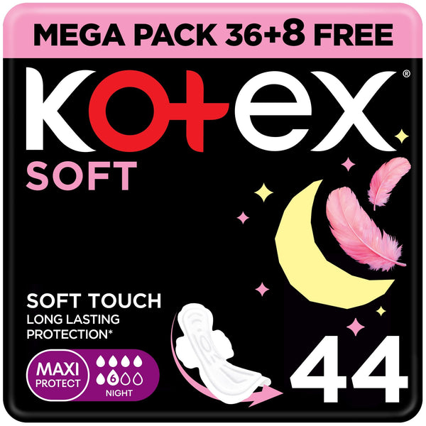 Kotex Maxi Soft Night Sanitary Pads, Feather-Touch Cover, Heavy Flow, 44 Pieces