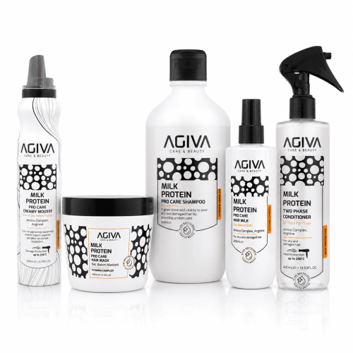 Agiva Milk Protein Hair Care Set, 5-Piece Moisturizing and Heat Protection Routine