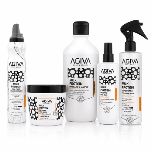 Agiva Milk Protein Hair Care Set, 5-Piece Moisturizing and Heat Protection Routine