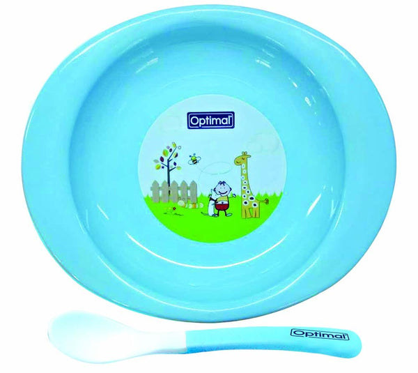 Optimal Animal-Themed Feeding Plate with Soft-Tip Spoon, Blue