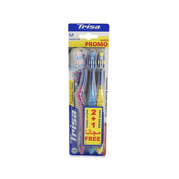 Trisa 2+1 Flexible Head Medium Toothbrushes, Ergonomic Grip, 3-Pack