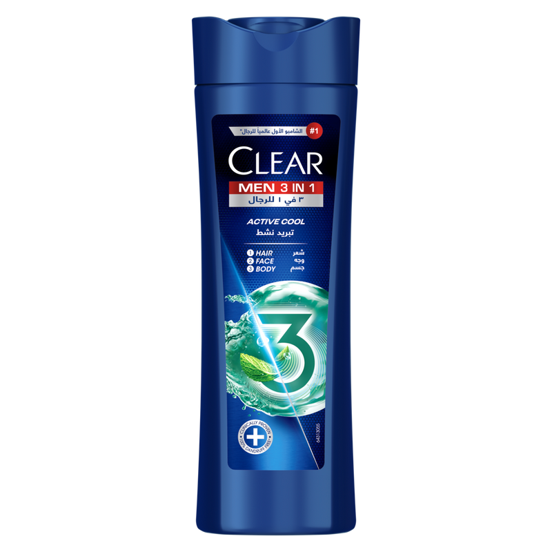 Clear Men Active Cool 3-in-1 Shampoo, Face and Body Wash, Menthol, 400ml