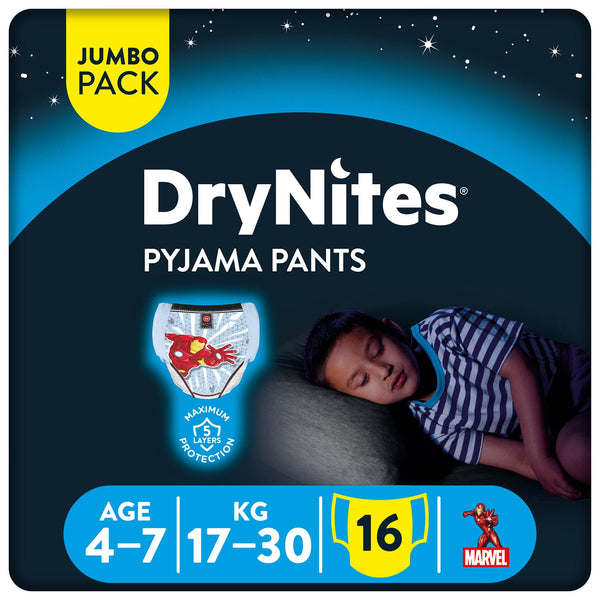 Huggies DryNites Pyjama Pants for Boys, 4-7 Years, Marvel Design, 16 Pants
