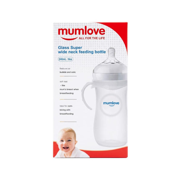 MumLove Glass Baby Bottle, Breast-Mimicking Teat, BPA-Free, 240ml, 3+ Months