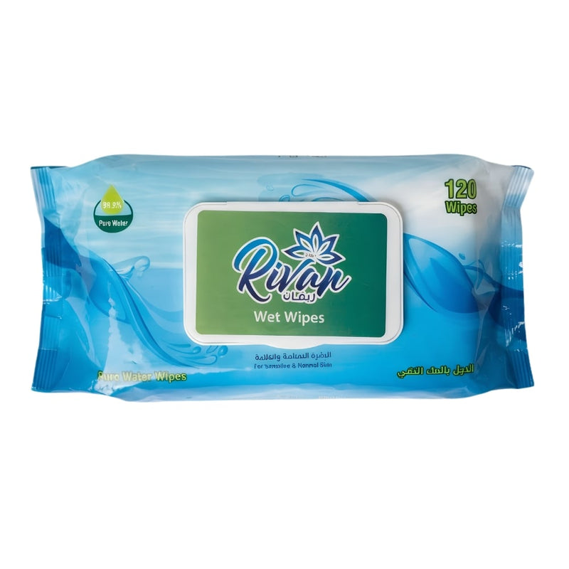 Rivan Pure Water Unscented Cleansing Wipes with Glycerin and Hyaluronic Acid, 120 Wipes