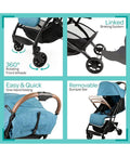 Moon Aerolite Cabin Stroller Blue Aluminum Frame Compact Triple-Fold 5-Point Harness