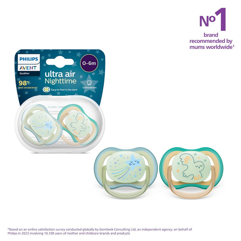 Avent Classic Night Time Soother 0-6 Months, Stars, Glow-in-the-Dark Handle, 2 Pack