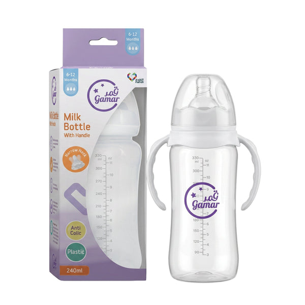 Gamar Baby Milk Bottle Narrow Neck with Handle Anti-Colic 240 ml, 6-12 Months