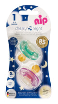 Nip Cherry Night Latex Soothers, Round Teats, Glow in the Dark, Violet and Green, 2 Pack