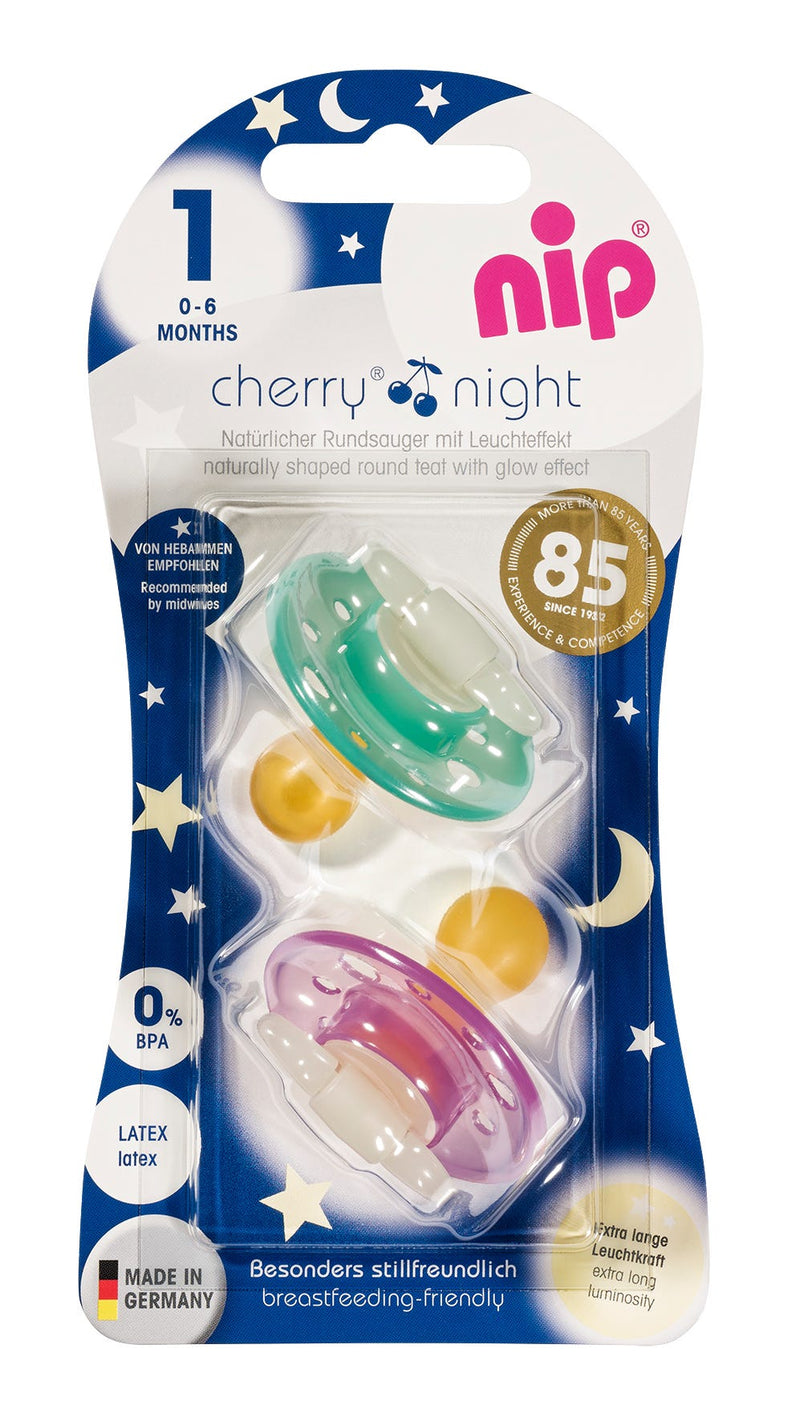 Nip Cherry Night Latex Soothers, Round Teats, Glow in the Dark, Violet and Green, 2 Pack