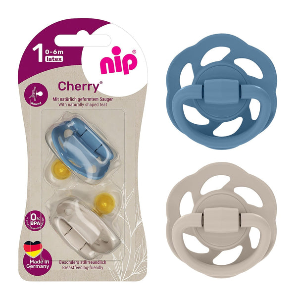 Nip Cherry Round Baby Pacifier Soothers, Natural Rubber Latex, Brown & Blue, 2 Pieces