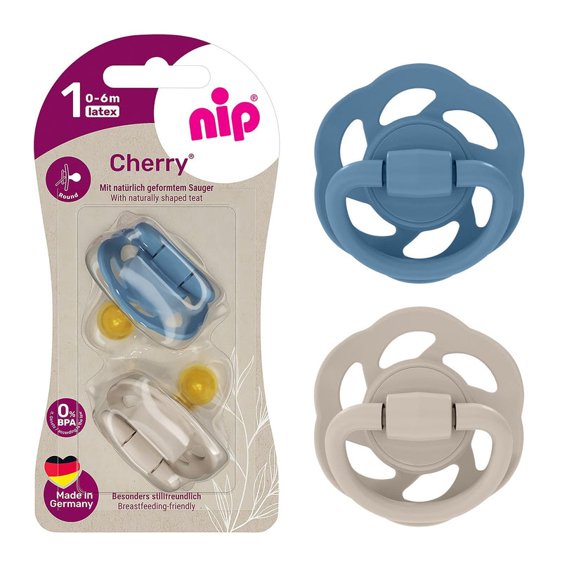 Nip Cherry Round Baby Pacifier Soothers, Natural Rubber Latex, Brown & Blue, 2 Pieces