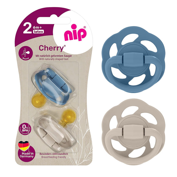 Nip Cherry Round Baby Pacifiers Natural Latex Teat Size 2, 6M+, Brown & Blue, 2 Pieces