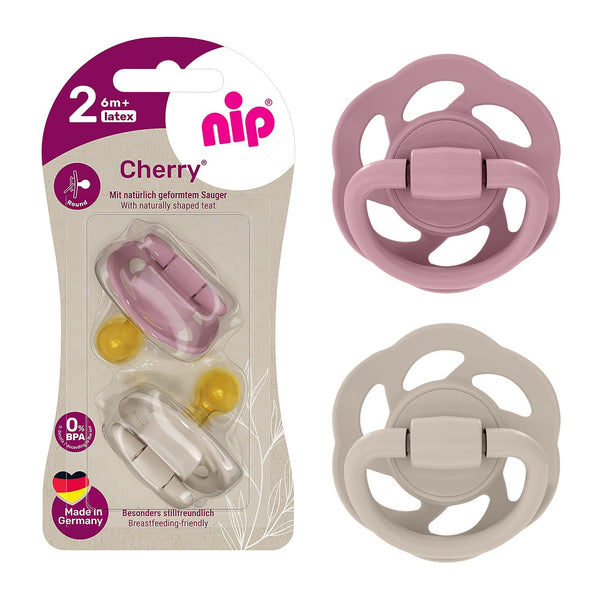 Nip Cherry Baby Pacifiers Round Natural Rubber Latex 6M+ Brown & Red 2 Pieces
