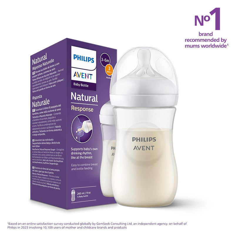 Avent Natural Feeding Bottle Wide Breast-Shaped Teat Anti-Colic Valve Slow Flow 260 ml