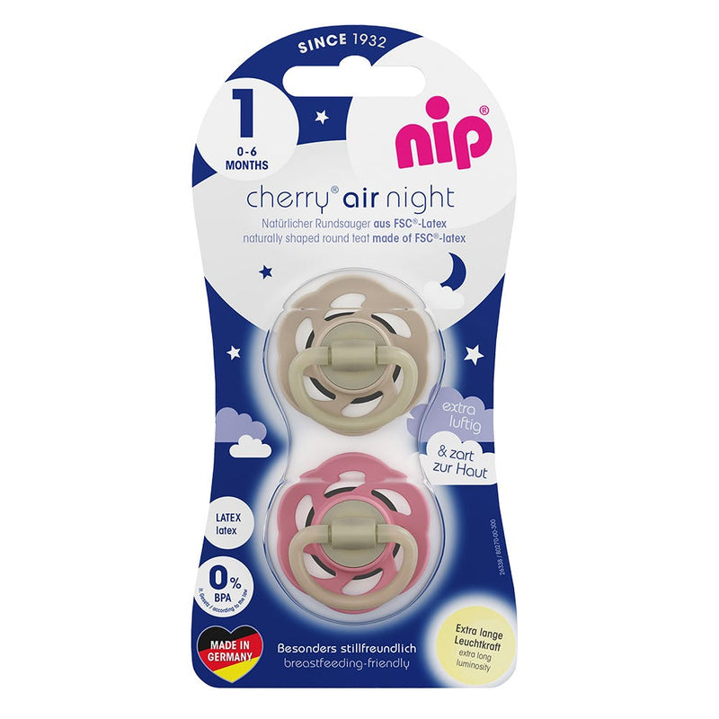 nip CHERRY Air Night Glow-in-the-Dark Round Latex Soother Brown & Red, 2 Pieces
