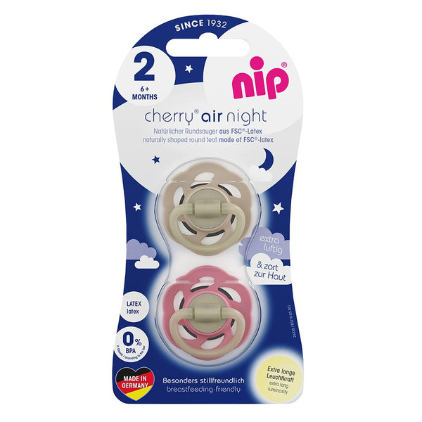 Nip Cherry Air Night Glow-in-the-Dark Round Latex Soothers, Brown & Red, 6M+, 2 Pack