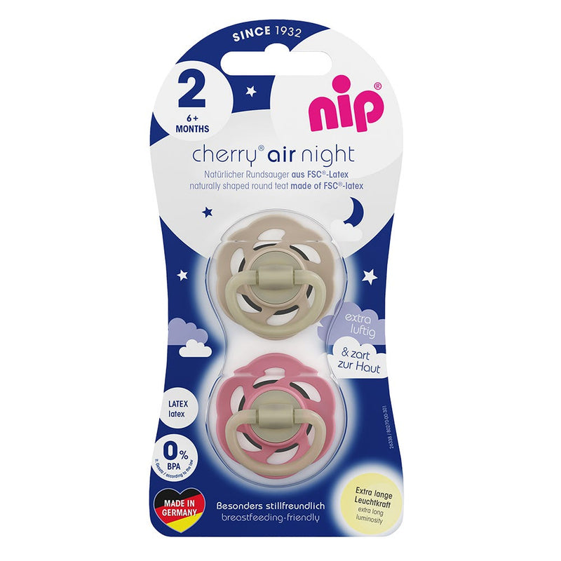 Nip Cherry Air Night Glow-in-the-Dark Round Latex Soothers, Brown & Red, 6M+, 2 Pack