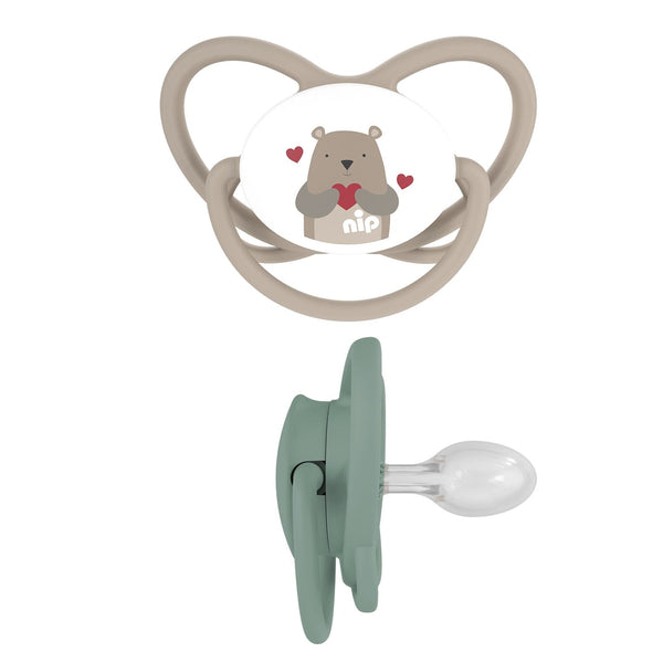 Nip Butterfly Orthodontic Soother with Ring Silicone Teat Brown & Green 2 Pack, 5-18M