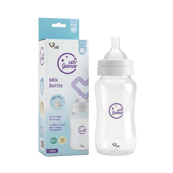 Gamar Wide Neck Baby Feeding Bottle with Handle, Anti-Colic Airflow, 240 ml, 6-12 Months