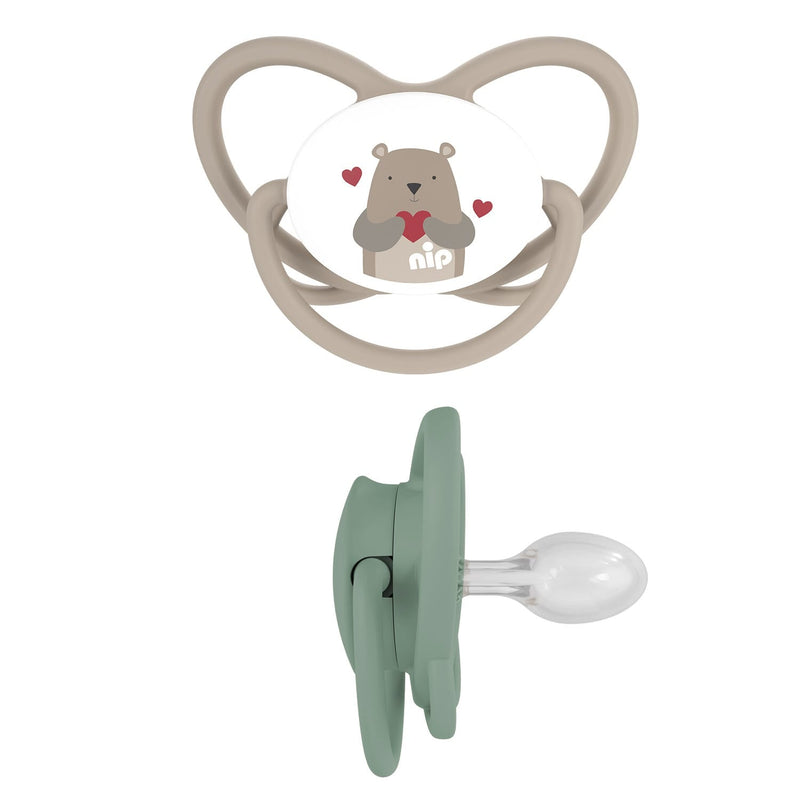 Nip Butterfly Orthodontic Soother with Ring, Silicone Teat, Brown & Green, 16-32M, 2 Pieces