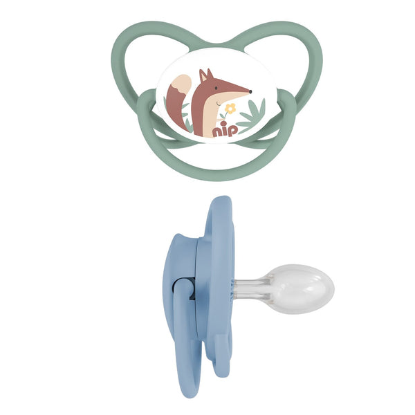 Nip Butterfly Orthodontic Soother with Ring, Silicone Teat, Blue & Green, 2 Pieces, 16-32M