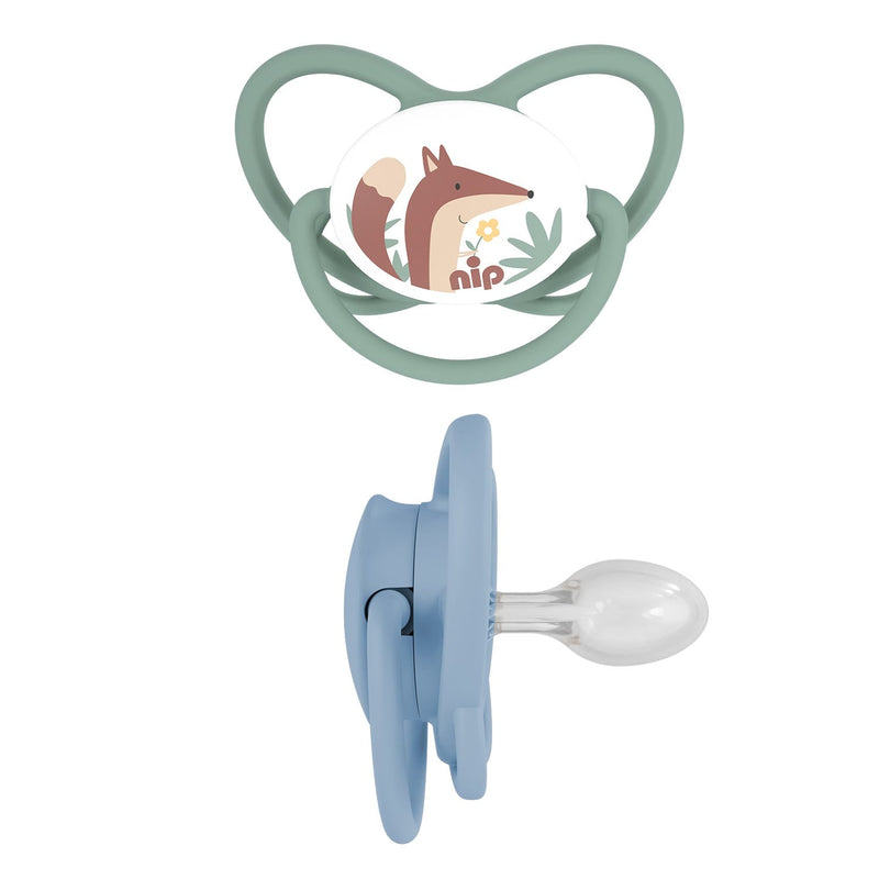 Nip Butterfly Orthodontic Soother with Ring, Silicone Teat, Blue & Green, 2 Pieces, 16-32M