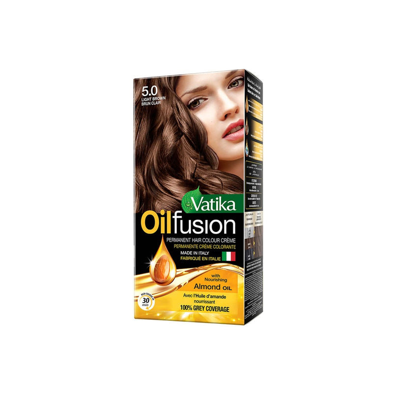 Vatika Oil Fusion Permanent Hair Colour Cream Light Brown 5.0 Ammonia-Free Almond Castor Oil Black Seed