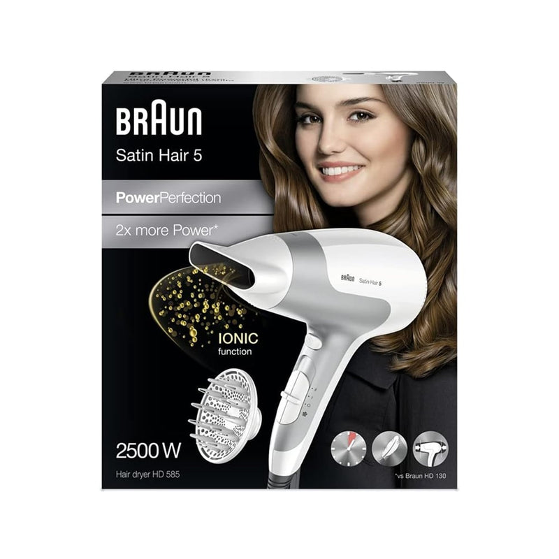 Braun Satin Hair 5 Ionic Hair Dryer HD 585 with Diffuser and Concentrator, White