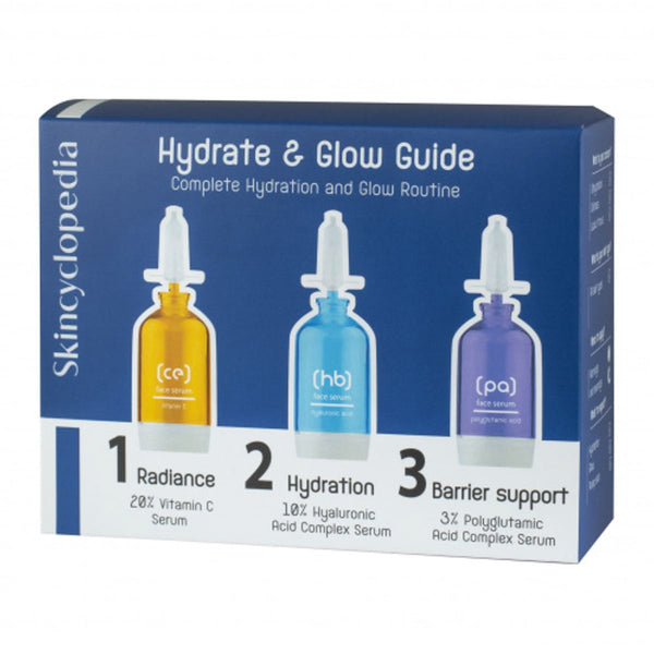 Skincyclopedia Hydrate & Glow Guide Serum Set, Vitamin C, Hyaluronic Acid & Polyglutamic Acid, 3 x 15 ml
