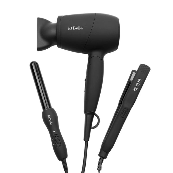 La Belle Mini Hair Styling Set Hair Straightener Dryer Curler Black