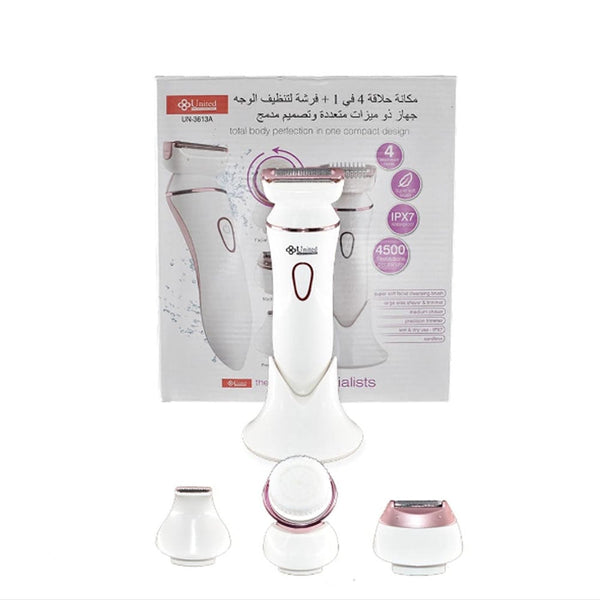 United Professional 4-in-1 Lady Shaver and Facial Brush UN-3613A, Rechargeable, 4 Heads