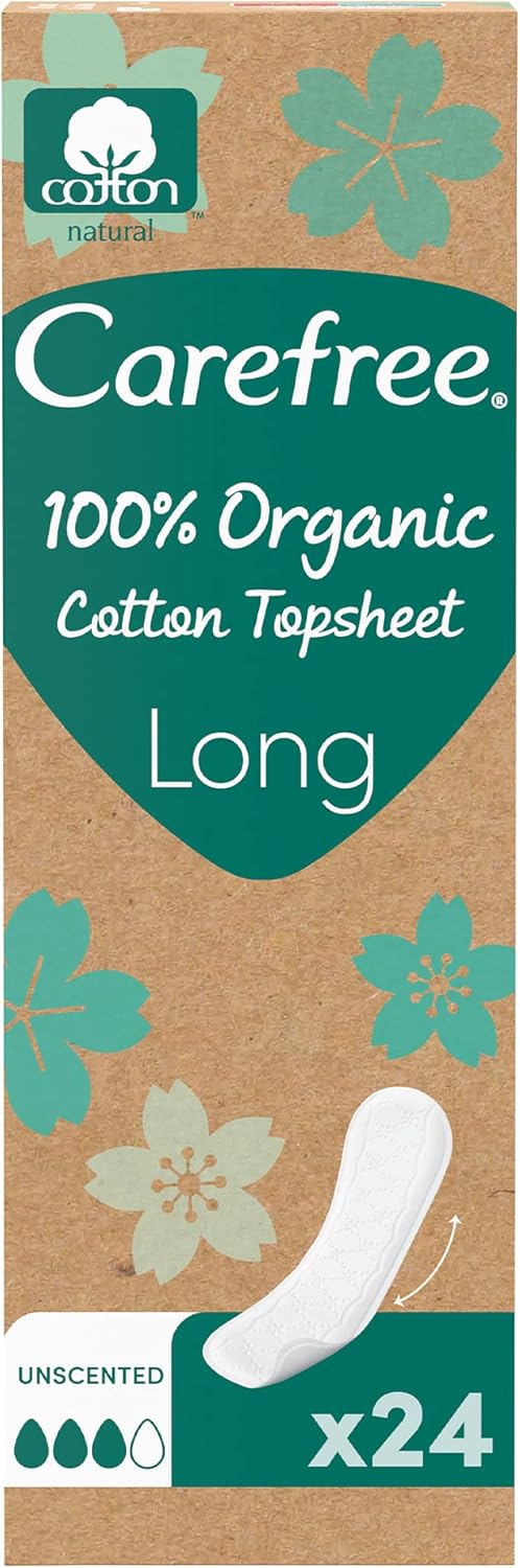 Carefree Organic Cotton Pantyliners Unscented Long Pack of 24