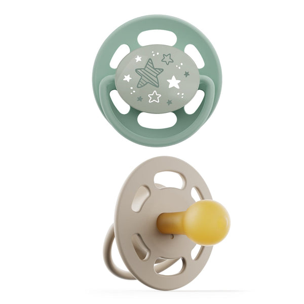 nip Cherry Night Soothers, Glow-in-the-Dark Round Natural Rubber Latex, Green and Brown, 2 Pieces