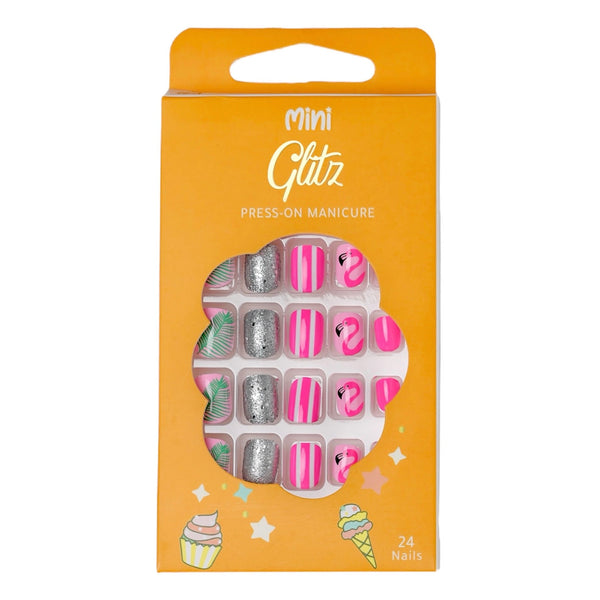 Glitz Tiny Press-On Kids Nails Flamingo #4, 20-Piece Set with File