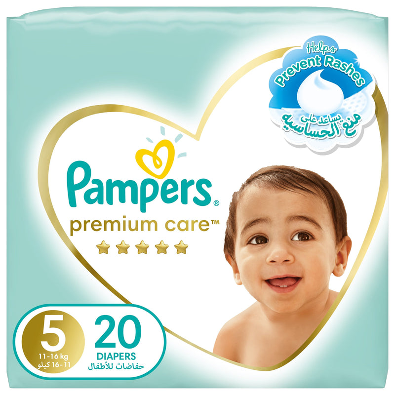 Pampers Premium Care Taped Baby Diapers Soft Absorption Size 5, 11-16kg, 20 Diapers