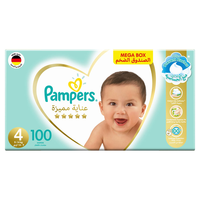 Pampers Premium Care Taped Diapers Soft Absorption Size 4, 9-14 kg, 100 Diapers