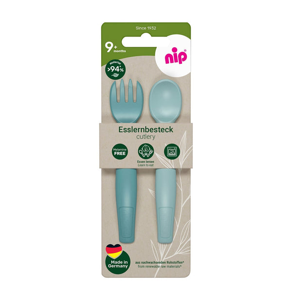 Nip Eat Green Baby Cutlery Set Fork & Spoon Bio-Based Plastic Blue 9M+