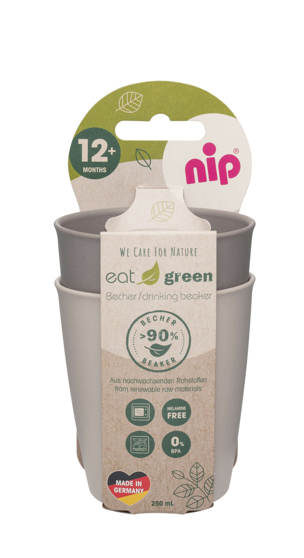 NIP Green Stackable Drinking Beakers, Grey, 2 Pieces, BPA-Free Bio-Based Plastic
