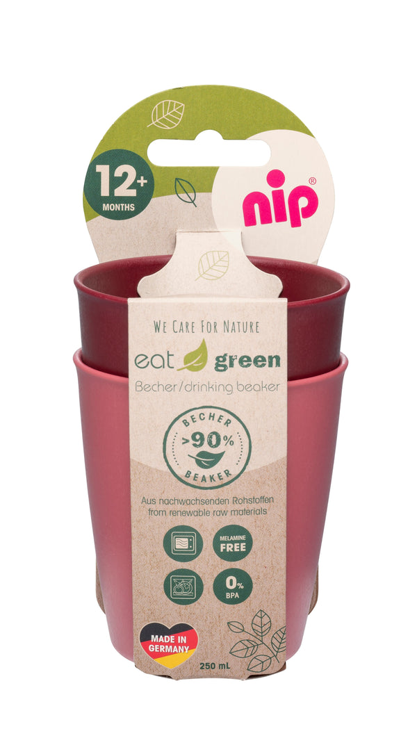 NIP Green Stackable Drinking Beakers Red 2 Pieces, Bio-Based Renewable Material, Microwave & Dishwasher Safe, 12M+