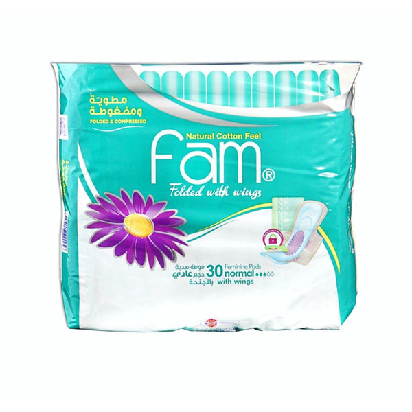 FAM Trifold Normal Sanitary Pads with Wings, Cotton, 30 Pieces