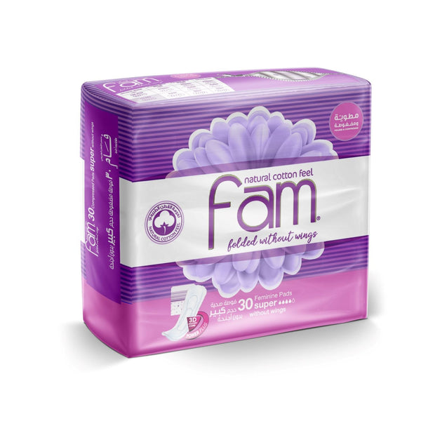 Fam Maxi Cotton Pads Folded Natural Cotton Soft Texture Without Wings, 30 Pieces
