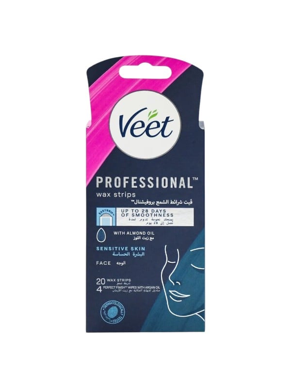 Veet Facial Wax Strips Sensitive Skin Almond Oil & Vitamin E 20 Strips